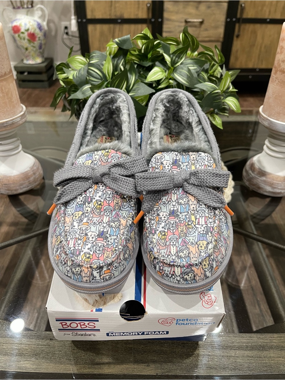 Bob’s by Skechers Women's Gray Patterned Slip-On Memory Foam Slippers